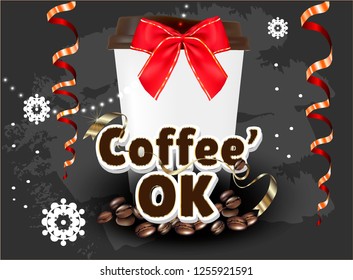 Christmas Print with a Cup of Coffee for leaflets, stickers, posters for Cafes, coffee Shops.Vector realistic 3d illustration of black Coffee Cup.Cappuccino.Latte.Americano coffee with Logo.