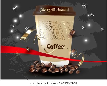 Christmas Print with a Cup of Coffee for leaflets, stickers, posters for Cafes, coffee Shops.Vector realistic 3d illustration of Coffee Cup.Cappuccino.Latte.Americano coffee with Logo.