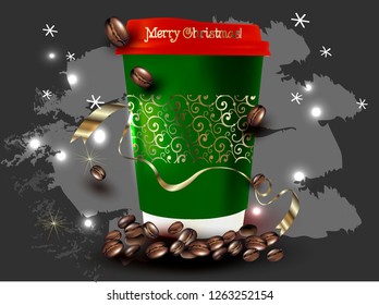 Christmas Print with a Cup of Coffee for leaflets, stickers, posters for Cafes, coffee Shops.Vector realistic 3d illustration of Coffee Cup.Cappuccino.Latte.Americano coffee with Logo.