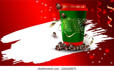 Christmas Print with a Cup of Coffee for leaflets, stickers, posters for Cafes, coffee Shops.Vector realistic 3d illustration of Coffee Cup.Cappuccino.Latte.Americano coffee with Logo.