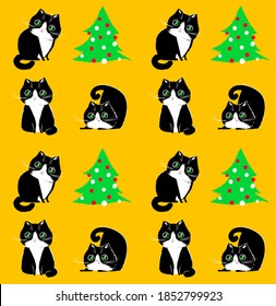 Christmas print with cute black cats and yellow background. In the eyes of a delighted cat, a Christmas tree is reflected. Vector cool pattern.