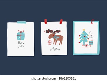 Christmas print with cute deer, Christmas tree, gifts. Magical Christmas 2021 - vector illustration