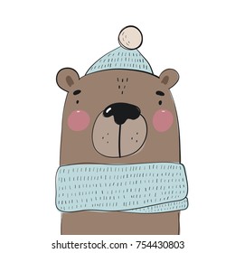 Christmas print with cute hand drawn  bear