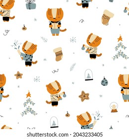 Christmas print with cute tiger. Seamless pattern for fabric, paper, wrapping, clothing, textile, wallpaper. 2022 chinese zodiac