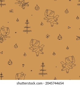 Christmas print with cute tiger. Seamless pattern for fabric, paper, wrapping, clothing, textile, wallpaper. 2022 chinese zodiac