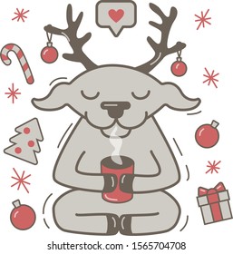 Christmas print with a deer in love, gifts, toys and other Christmas attributes. Vector illustration for printing on a white background.