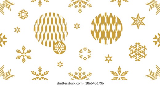 Christmas print with firs and other decorations. Seamless vector pattern with geometric motifs. Template for gifts, cards, flyers. Golden on white.