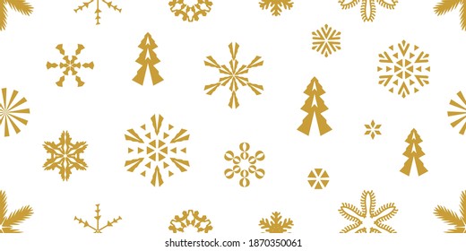 Christmas print with geometric decorations. Seamless vector pattern with geometric motifs. Template for gifts, cards, flyers. Golden on white.