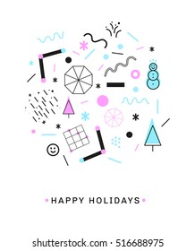 Christmas print with geometric holiday symbols and forms.