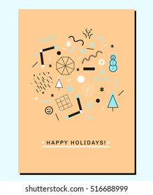 Christmas print with geometric holiday symbols and forms.