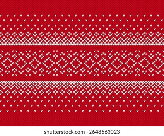 Christmas print geometric ornament. Red knit seamless pattern. Xmas winter knitted sweater texture. Holiday fair isle traditional background. Festive crochet. Vector illustration