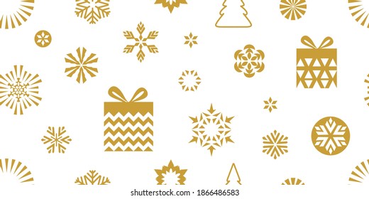 Christmas print with gift boxes, firs and other decorations. Seamless vector pattern with geometric motifs. Template for gifts, cards, flyers. Golden on white.