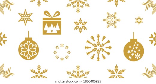 Christmas print with gift boxes and other decorations. Seamless vector pattern with geometric motifs.Template for gifts, cards, flyers. Golden on white.