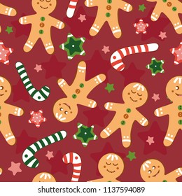 Christmas print with gingerbread, candy, stars on a red background. Pattern seamless vector for Christmas and new Year holiday, Wallpapers, postcards, fabrics, wrapping paper.