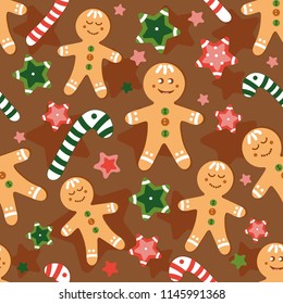 Christmas print with gingerbread men on the background of cinnamon. Print for fabric, cards, Wallpaper, paper, invitations.