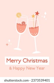 Christmas print with glass of champagne, stars, fruit slice, text. New Year's card, poster template. Vector minimal illustration with cocktail on pastel pink background.