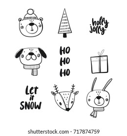 Christmas print, hand drawn style - lettering, animals and design elements