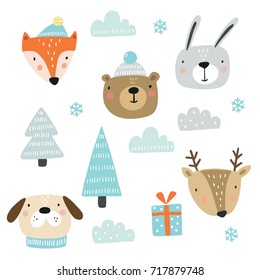 Christmas print, hand drawn style - lettering, animals and design elements. 