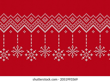 Christmas print. Knit seamless pattern. Knitted sweater background. Xmas winter geometric texture. Holiday fair isle traditional ornament. Festive crochet. Wool red pullover. Vector illustration.