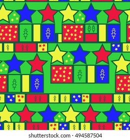 Christmas print on a bright background, trees, stars. abstract background for design, textiles, packaging