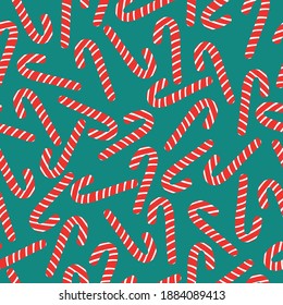 Christmas print for packaging and postcards. Bright caramel canes . On a turquoise background. Vector texture.