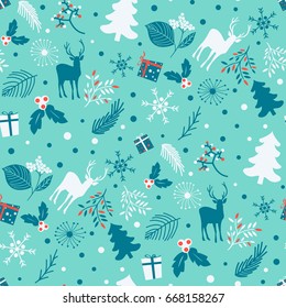 Christmas print pattern background. Seamless pattern with tree, snowflakes,  leaves and deer on a blue background. Merry Christmas background. Winter vector pattern design