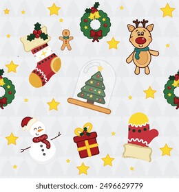 Christmas print pattern with cute reindeer, garlands, snowman, socks and Christmas tree