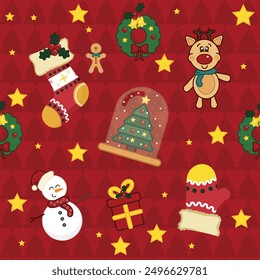 Weihnachtsmuster mit niedlichen Rentieren, Girlanden, Schneemann, Socken und Weihnachtsbaum