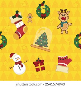 Patrón de impresión de Navidades con lindos renos, guirnaldas, muñeco de nieve, calcetines y árbol de Navidad