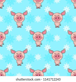 Christmas print with piglets on a pink background. Pattern for cards, decor, textiles, fabric, Wallpaper, background.