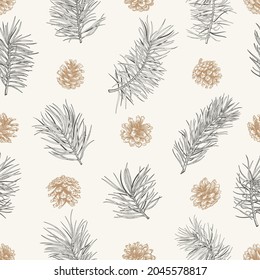 Christmas print with pine branches, cones. Vintage botanical seamless pattern with conifers. Engraving style. Black and White and golden background. 