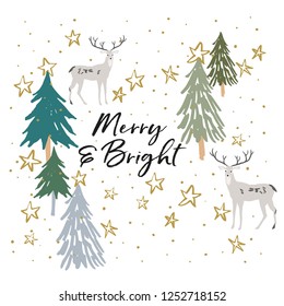 Christmas print with quote Merry and Bright, deer forest animal, stars, snow, white background. Green fir, spruce trees. Vector illustration. Nature design greeting card template. Winter Xmas holidays