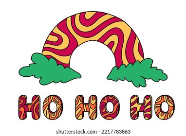 Christmas print. Rainbow with waves on the spruce branch and lettering Ho ho ho