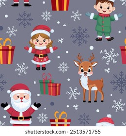 Christmas print Simple vector seamless template for wrapping paper, Christmas cards, scrapbooking with Santa, children in holiday costumes, gifts and snowflakes.