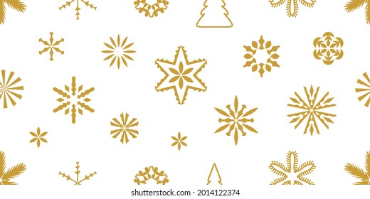 Christmas print with small snowflakes. Seamless vector pattern with festive motifs. Template for gifts, cards, flyers. Golden on white.