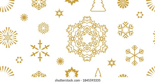 Christmas print with spruces and lace snowflakes. Seamless vector pattern with geometric motifs.Template for gifts, cards, flyers. Golden on white.