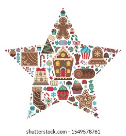 Christmas print with treats and desserts icons in star shape. Xmas sweet celebration icing cakes, muffins, cupcakes, candy canes, gingerbread cookies and drinks. Sweets for winter festive party.