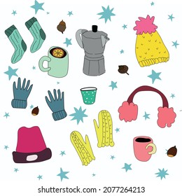Christmas print with winter clothes. Winter illustration with socks, hats, mittens and gloves. New Year's picture with fragrant tea and teapots.