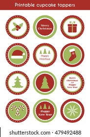 Christmas printable cupcake toppers. Vector set of round stickers, labels for christmas party