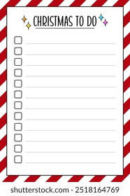 Christmas printable To Do list template, with red and white diagonal striped frame. Lined page with checkboxes and bright colorful stars for the planner, task management, memo notes, event organizing