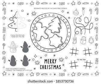 Christmas Printable for Christmas kids Party in doodle style. Christmas worksheets and coloring page for children. Christmas Party Placemat for Kids table. Winter activity page