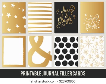 Christmas printable set of filler cards for scrapbook 3x4in, planner, diary journaling in vector. black gold