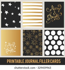 Christmas printable set of filler cards for scrapbook 3x4in, planner, diary journaling in vector. black gold
