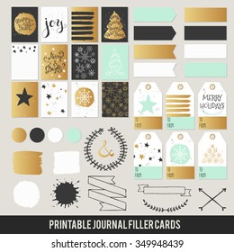 Christmas printable set of filler cards for scrapbook 3x4in, planner, diary journaling in vector. black gold