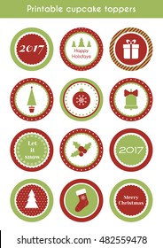 Christmas printable stickers. Vector set of circle cupcake toppers, labels for christmas party