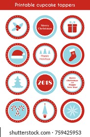 Christmas printable vector stickers. Circle cupcake toppers, labels for christmas party