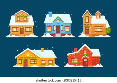 Christmas Private Houses, Dwellings Decorated for Xmas, Countryside Cottages with Garlands, Spruce Tree Branches Decoration and Snow on Roof Isolated on Blue Background. Cartoon Vector Illustration