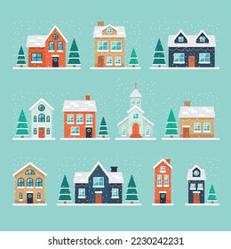 Christmas private houses flat icons set. Different variations of home. Country houses covered by snow, large holiday homes. Winter decorations. Color isolated illustrations