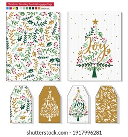 Christmas product with seamless holly leaf pattern background and Christmas tree with joy letter, suitable for Gift warp, luggage tags, greeting cards