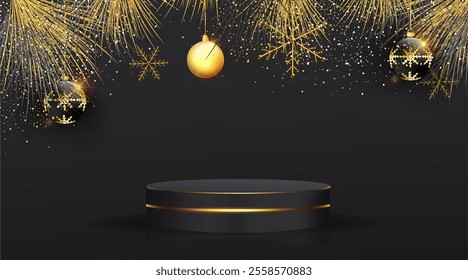 Christmas product showcases podium design in black color. Realistic podium design vector. Black color Merry Christmas product sells podium design templates with hanging Christmas ball snow 